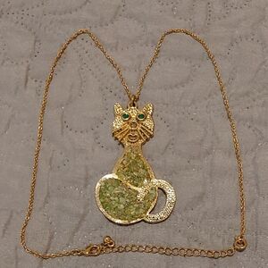 Roget Circa 1980s Gold Cat Pendant Necklace with Green Accents
